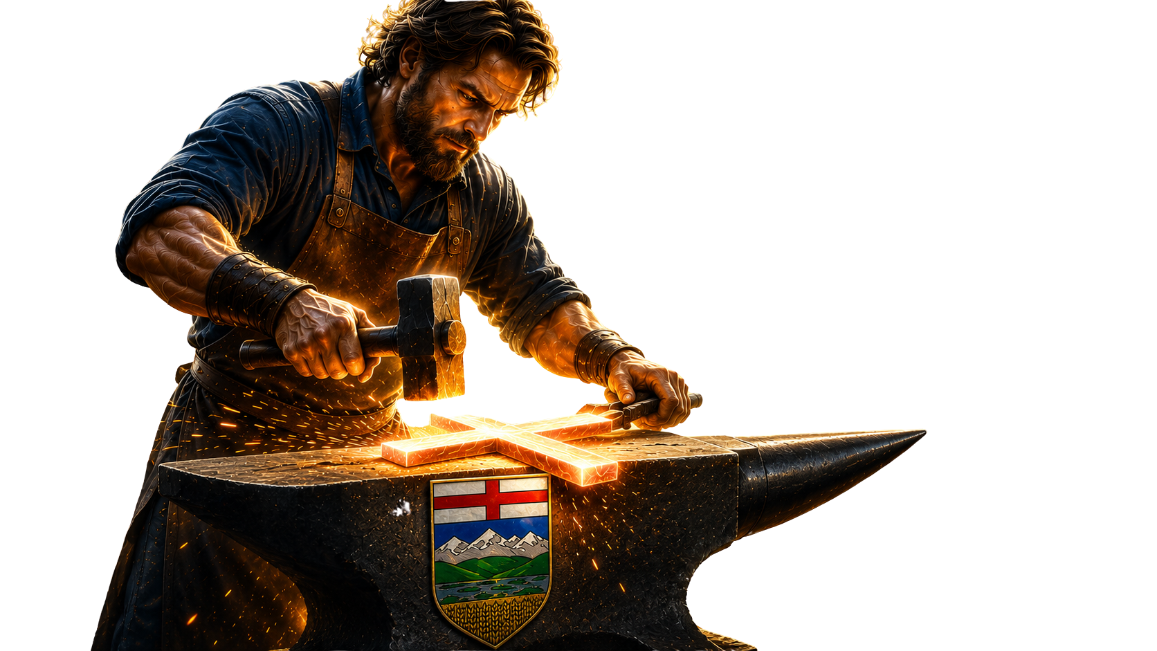 Blacksmith forging a glowing cross on an anvil with the Alberta emblem